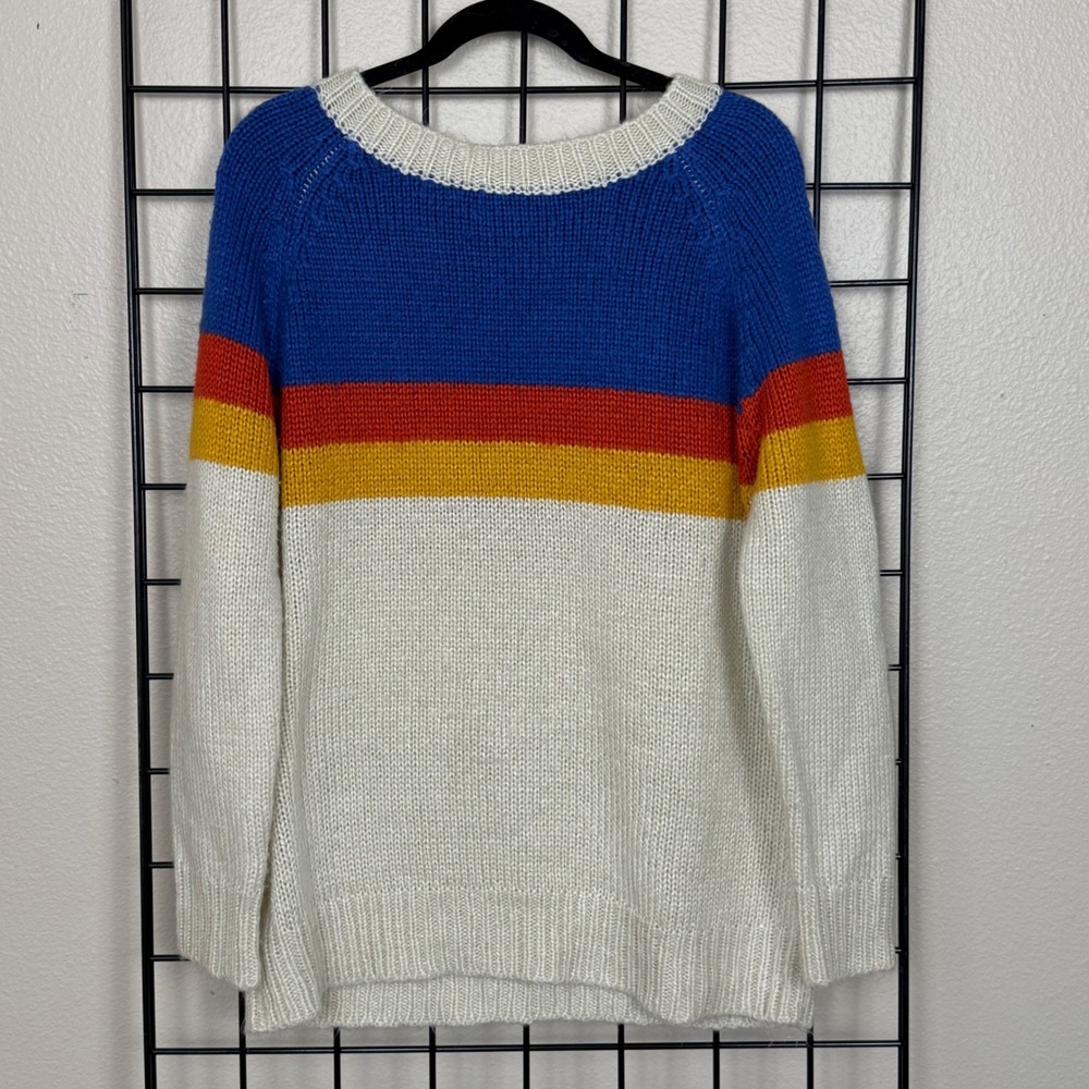 L.I.A. Love Is All Sweater Womens M White Blue Red Yellow Colorblock Striped Ski